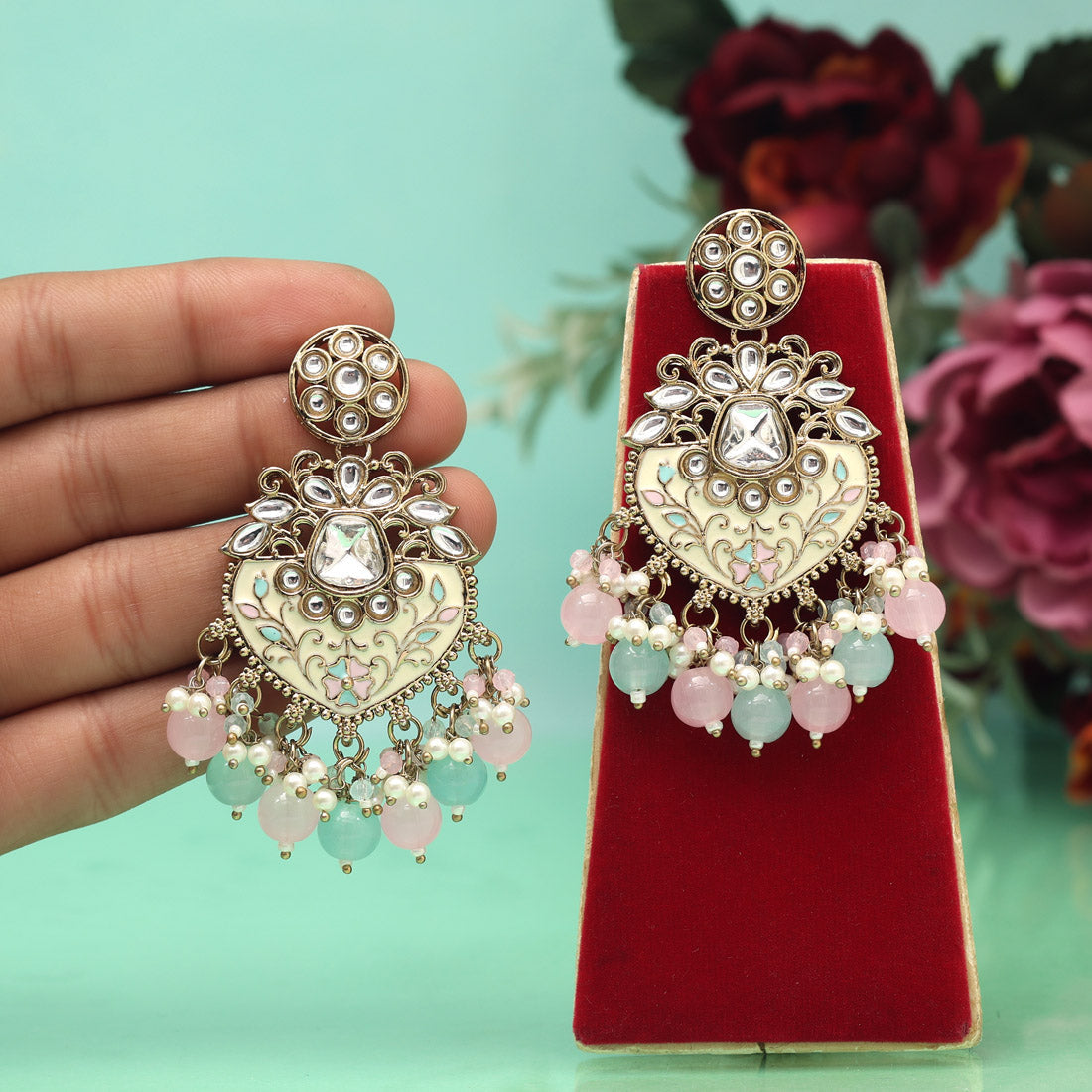 Pink & Sky Blue Color Meena Work Kundan Earrings Jewellery GetGlit