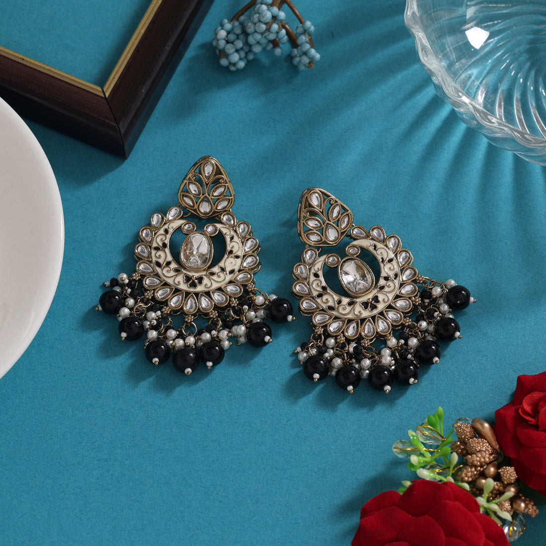 Black Color Meena Work Kundan Earrings (KDE1028BLK) Jewellery GetGlit