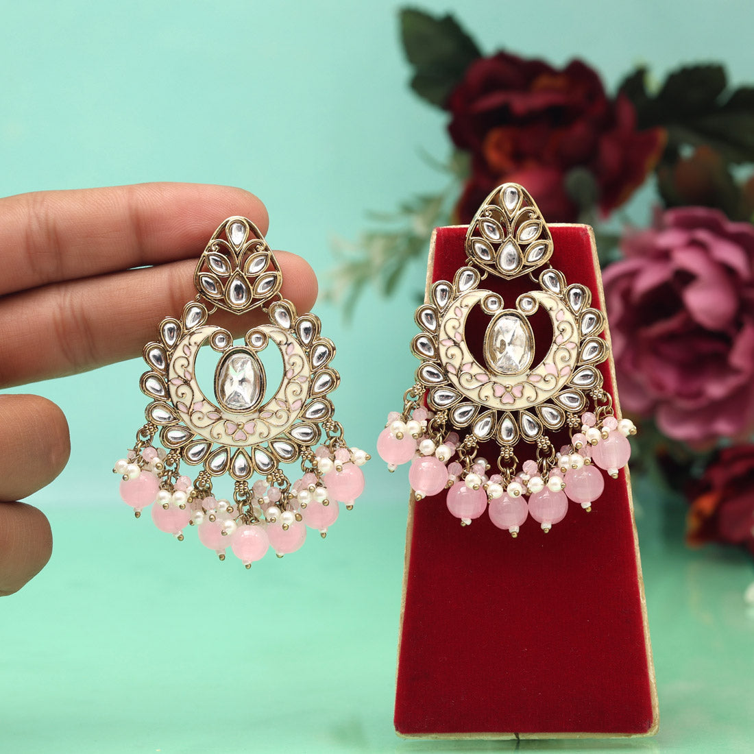 Pink Color Meena Work Kundan Earrings (KDE1028PNK) Jewellery GetGlit