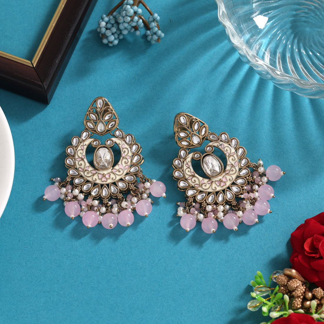 Pink Color Meena Work Kundan Earrings (KDE1028PNK) Jewellery GetGlit