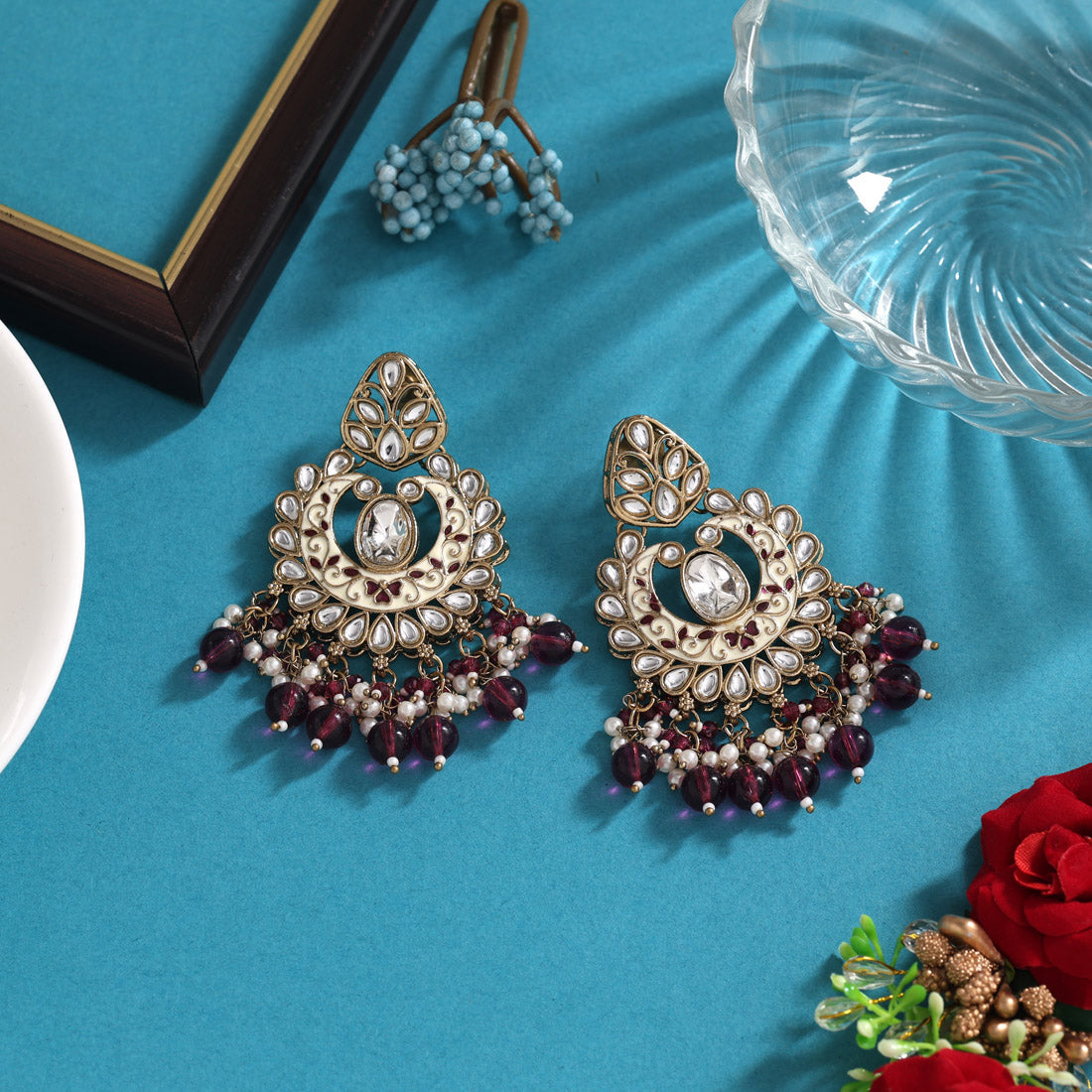 Purple Color Meena Work Kundan Earrings (KDE1028PRP) Jewellery GetGlit