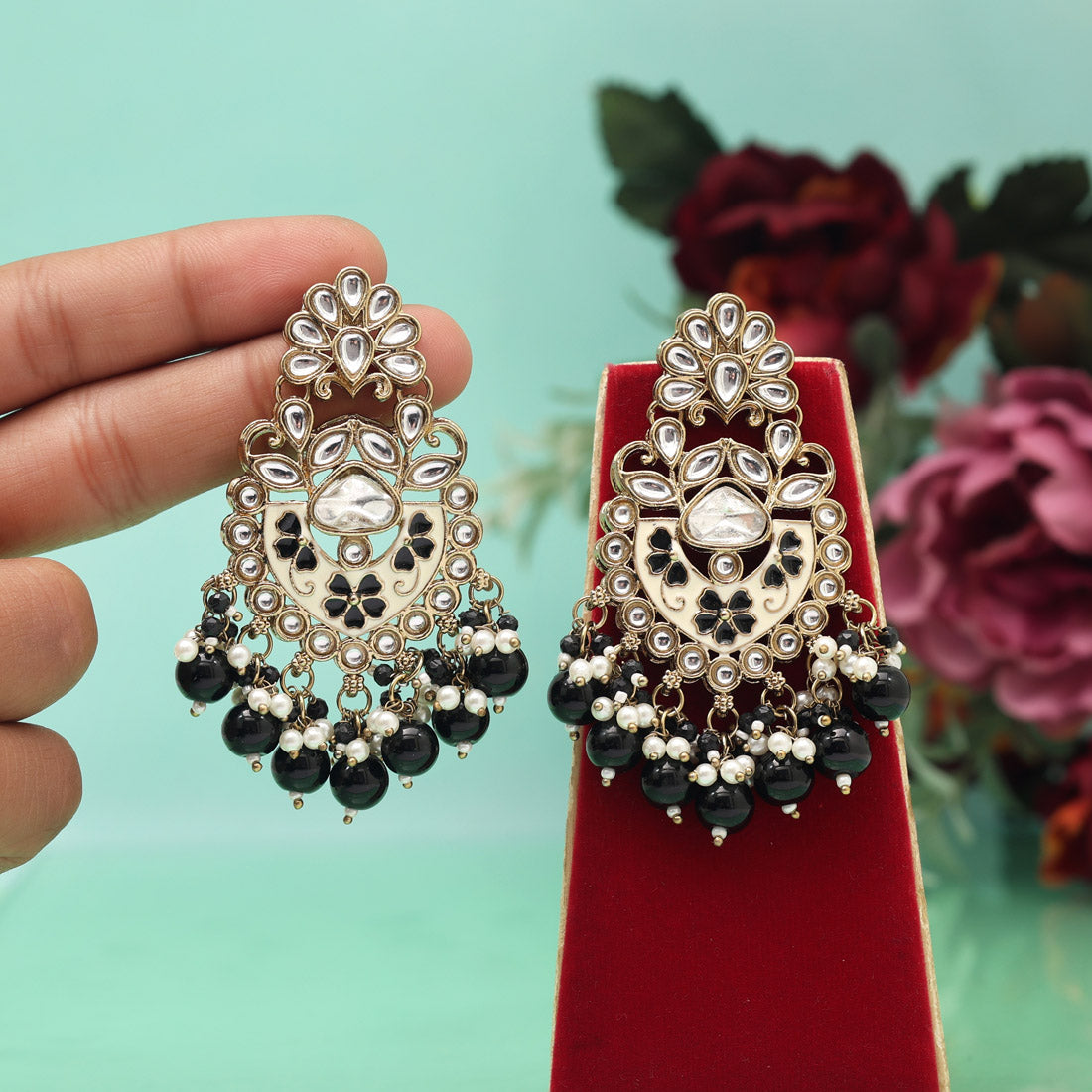 Black Color Meena Work Kundan Earrings (KDE1029BLK) Jewellery GetGlit