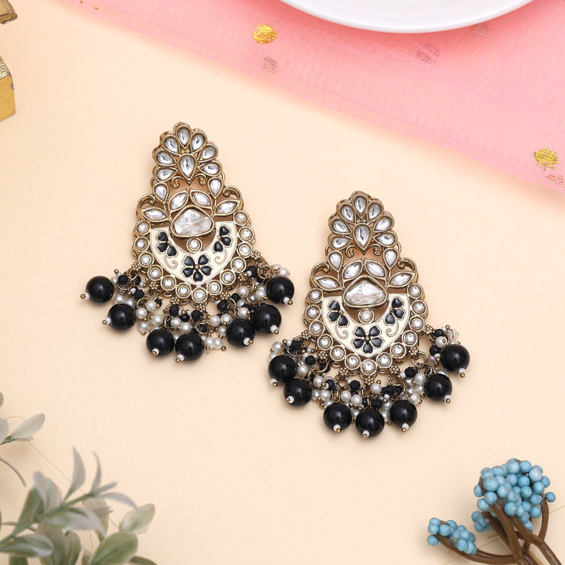 Black Color Meena Work Kundan Earrings (KDE1029BLK) Jewellery GetGlit