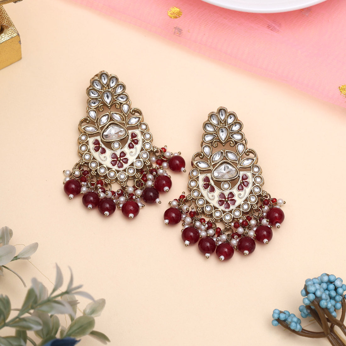 Maroon Color Meena Work Kundan Earrings Jewellery GetGlit