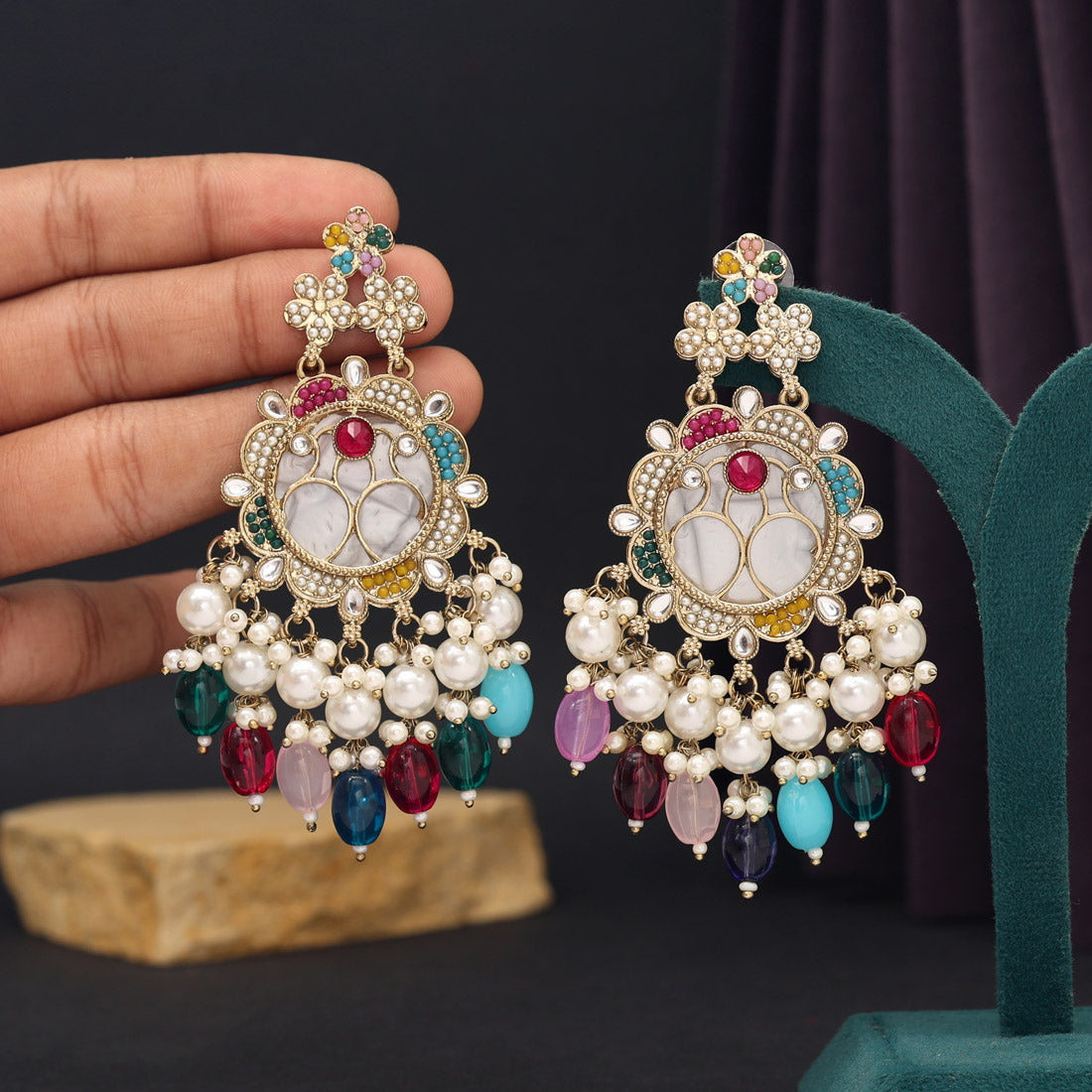 Multi Color Mother Of Pearl Kundan Earrings (KDE970MLT) Jewellery GetGlit