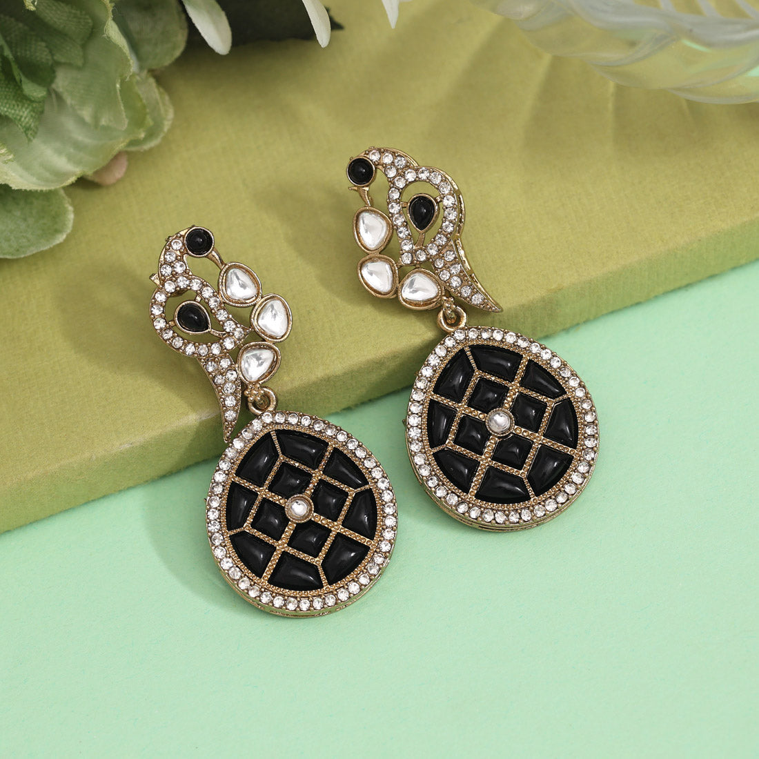 Black Color Kundan Earrings (KDE971BLK) Jewellery GetGlit