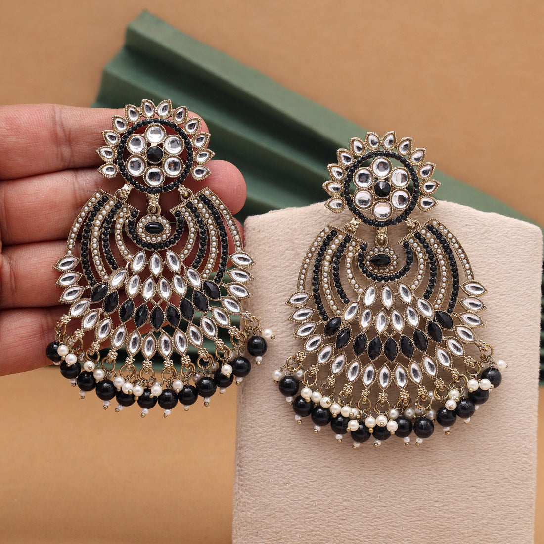 Black Color Kundan Pakistani Earrings (KDE981BLK) Jewellery GetGlit