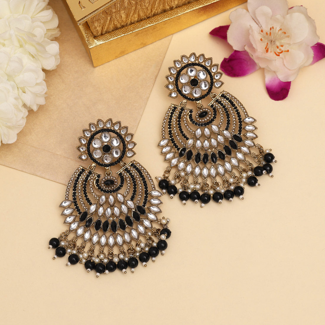 Black Color Kundan Pakistani Earrings (KDE981BLK) Jewellery GetGlit