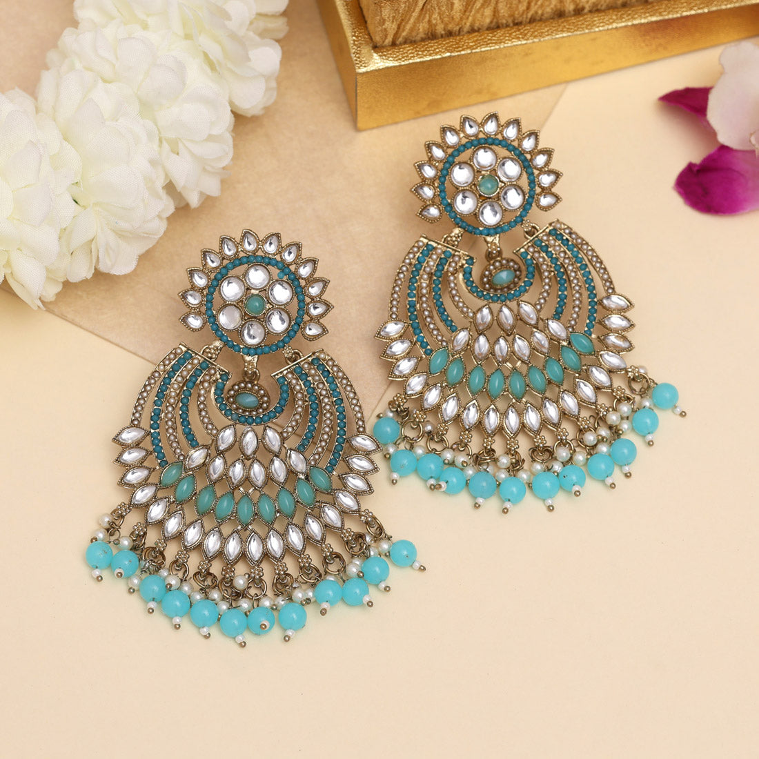 Firozi Color Kundan Pakistani Earrings (KDE981FRZ) Jewellery GetGlit