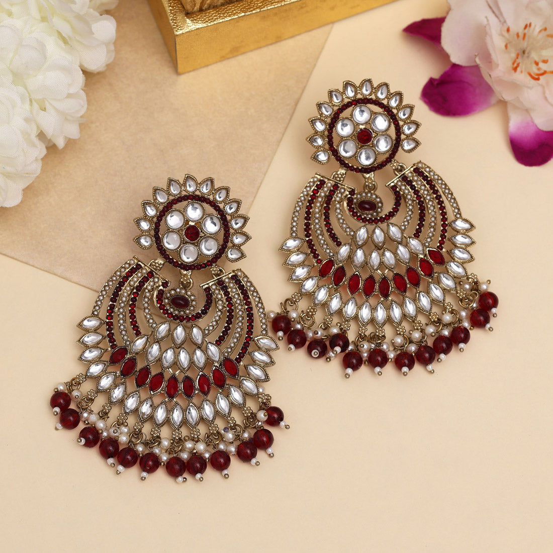 Maroon Color Kundan Pakistani Earrings (KDE981MRN) Jewellery GetGlit