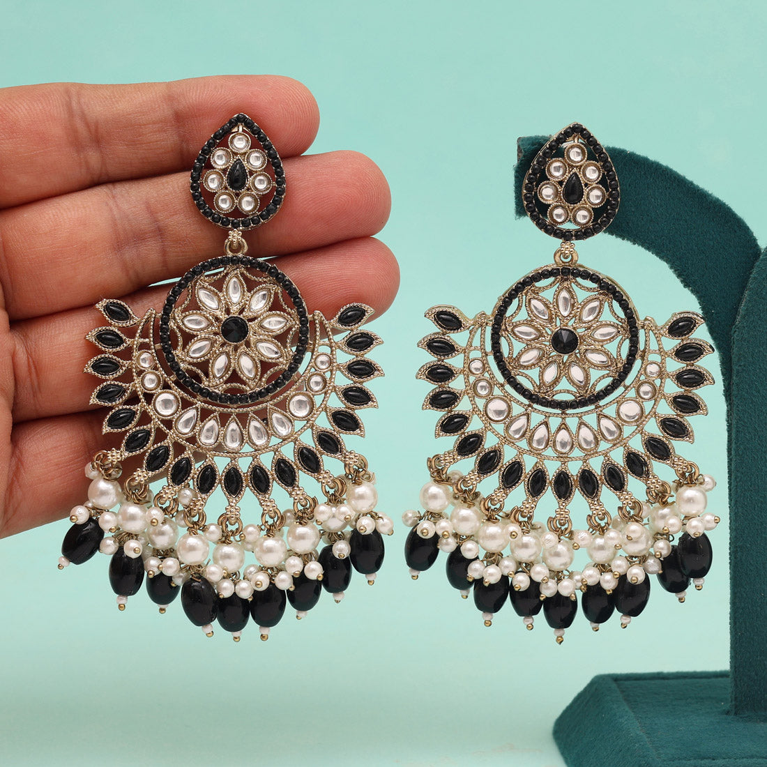 Black Color Kundan Pakistani Earrings (KDE982BLK) Jewellery GetGlit