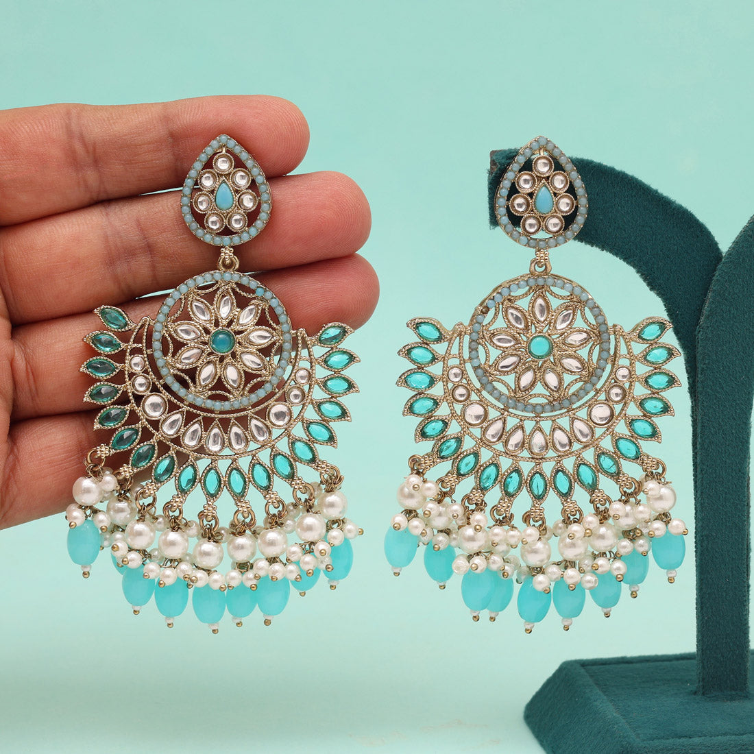 Firozi Color Kundan Pakistani Earrings (KDE982FRZ) Jewellery GetGlit