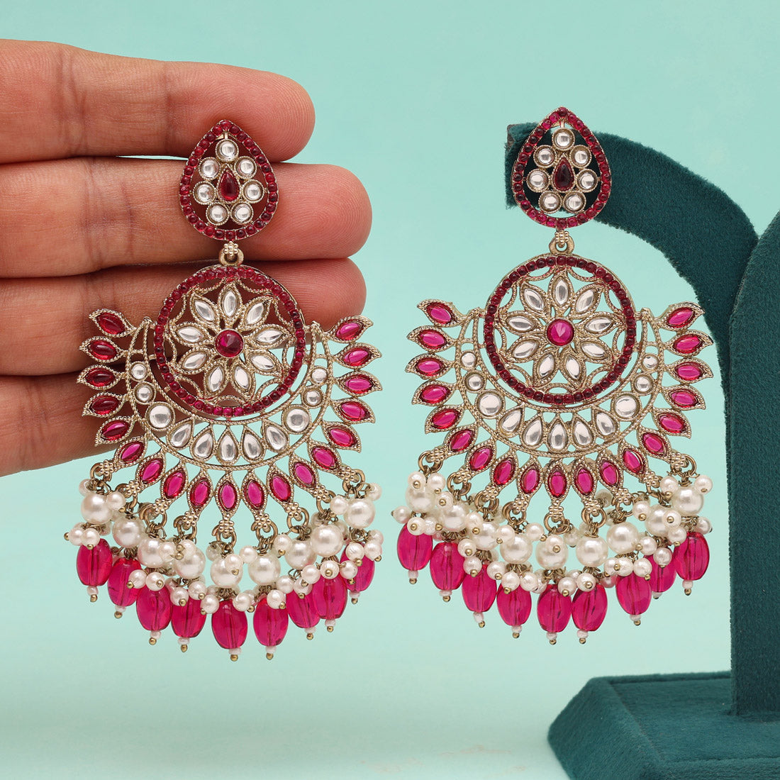 Rani Color Kundan Pakistani Earrings (KDE982RNI) Jewellery GetGlit