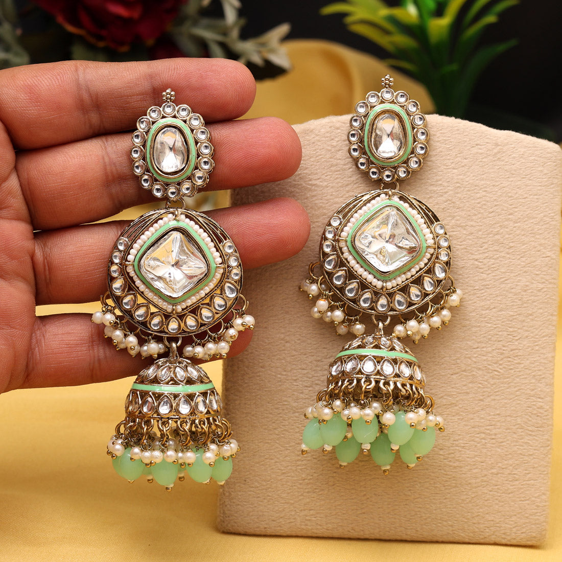 Pista Green Color Kundan Earrings (KDE983PGRN) Jewellery GetGlit