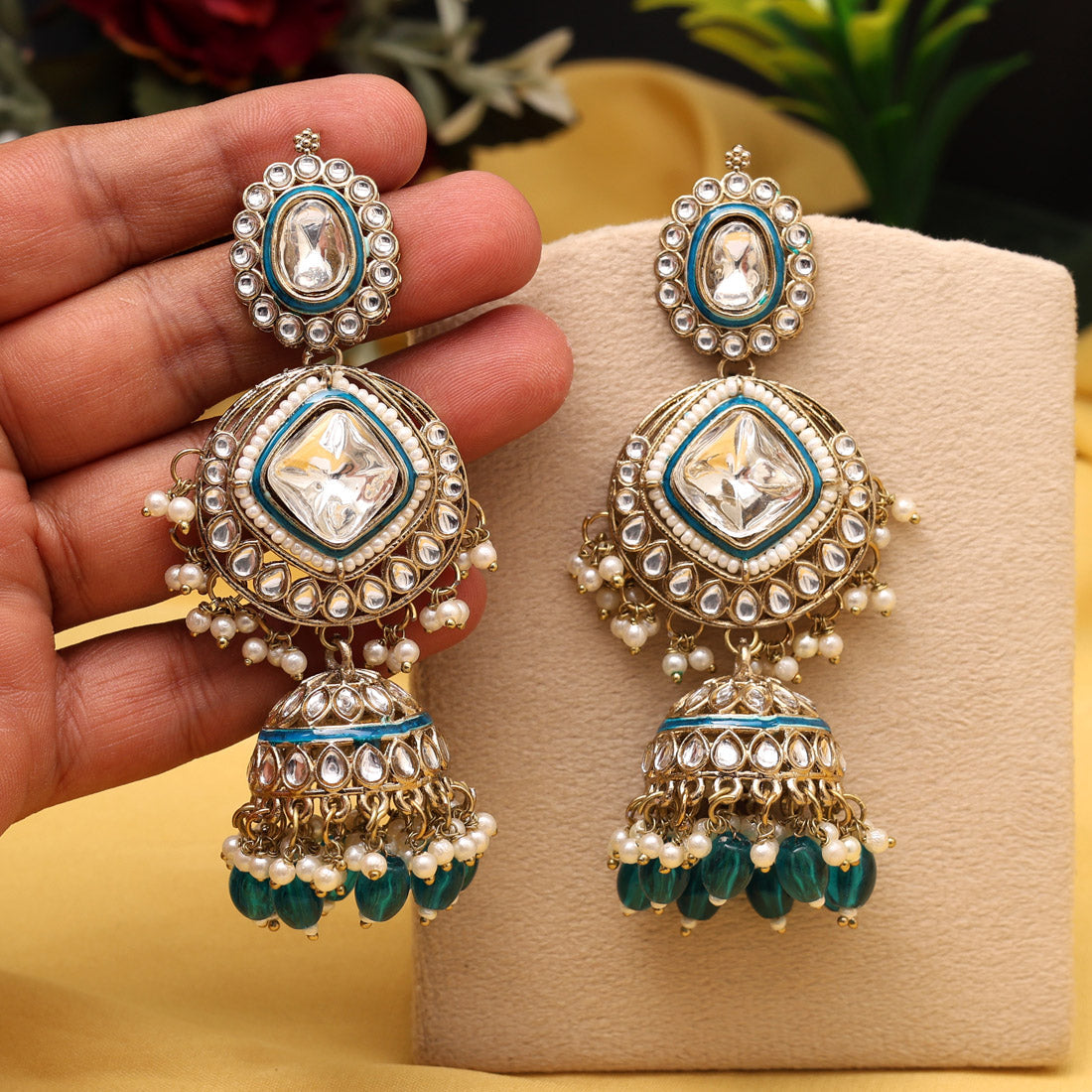 Rama Green Color Kundan Earrings (KDE983RGRN) Jewellery GetGlit