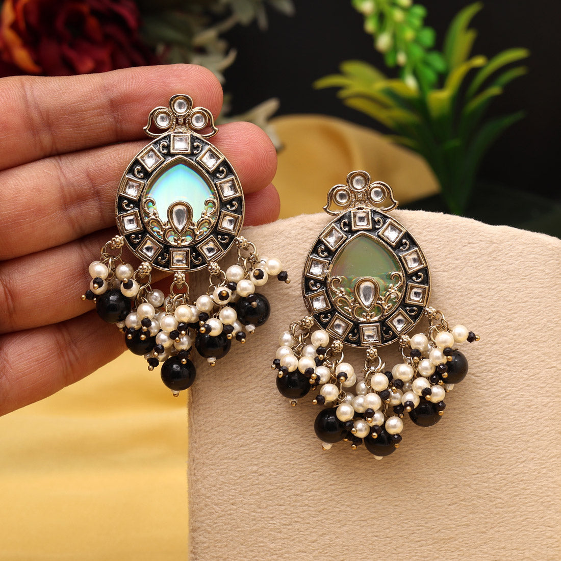 Black Color Meena Work Kundan Earrings (KDE984BLK) Jewellery GetGlit