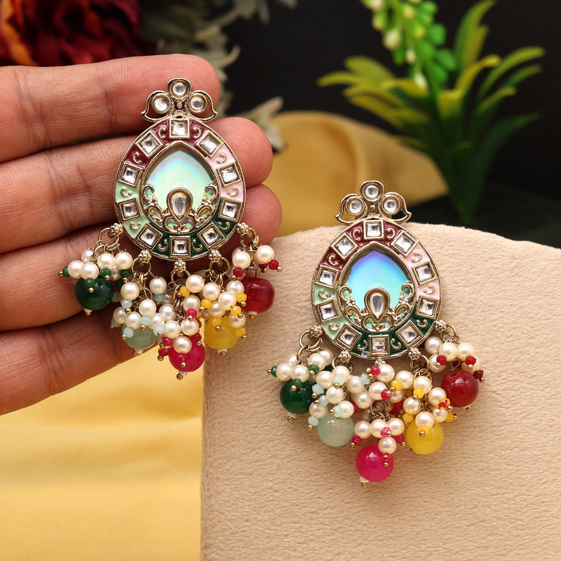Multi Color Meena Work Kundan Earrings (KDE984MLT) Jewellery GetGlit