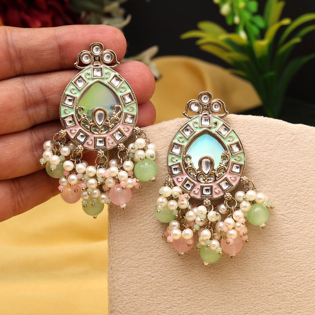 Pink Color Meena Work Kundan Earrings (KDE984PNK) Jewellery GetGlit