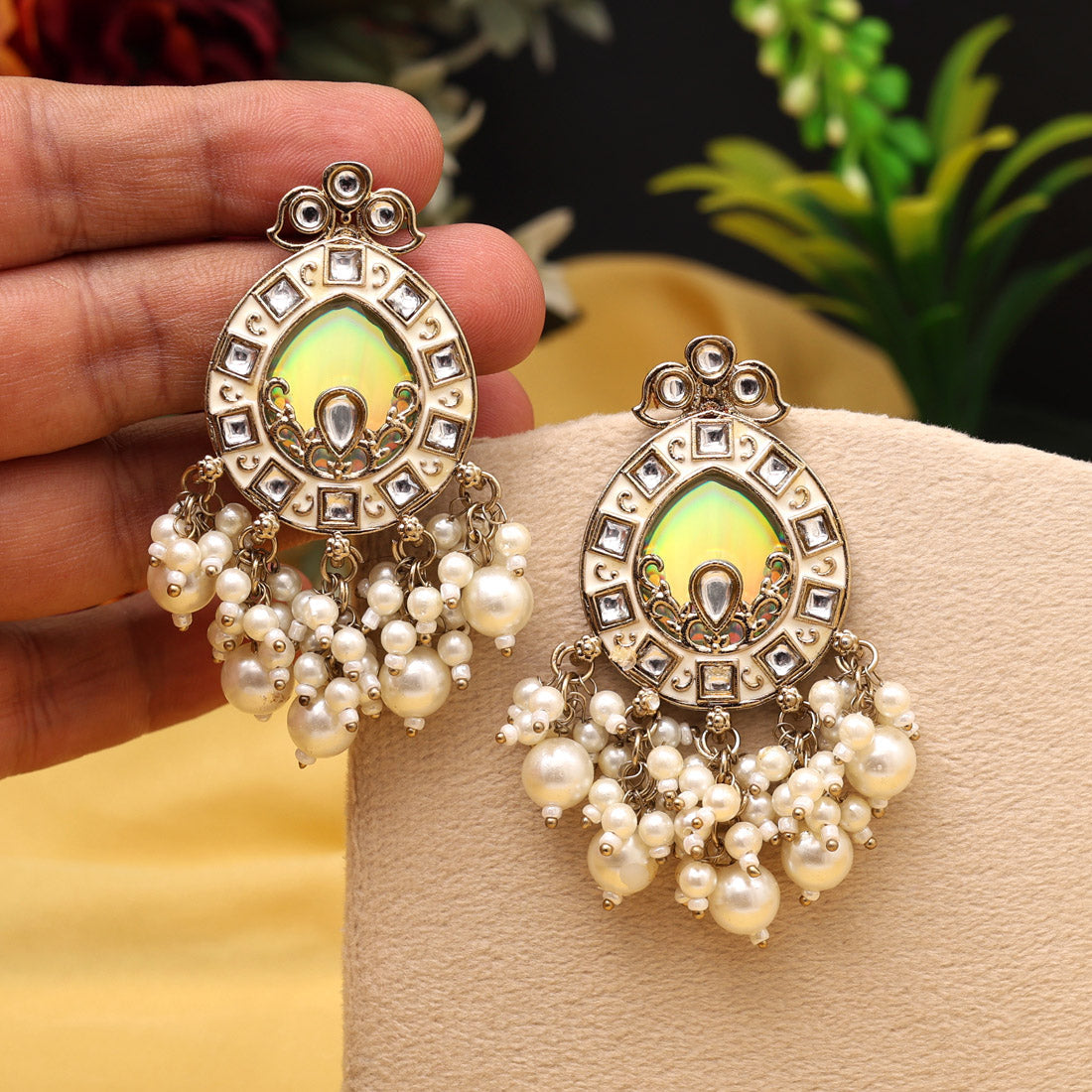 White Color Meena Work Kundan Earrings (KDE984WHT) Jewellery GetGlit