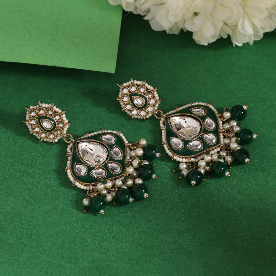 Green Color Kundan Meenakari Earrings (KDE985GRN) Jewellery GetGlit
