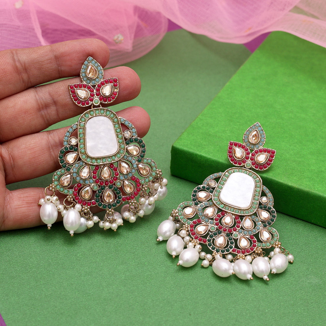 Multi Color Mother Of Pearl Pakistani Kundan Earrings (KDE997MLT) Jewellery GetGlit