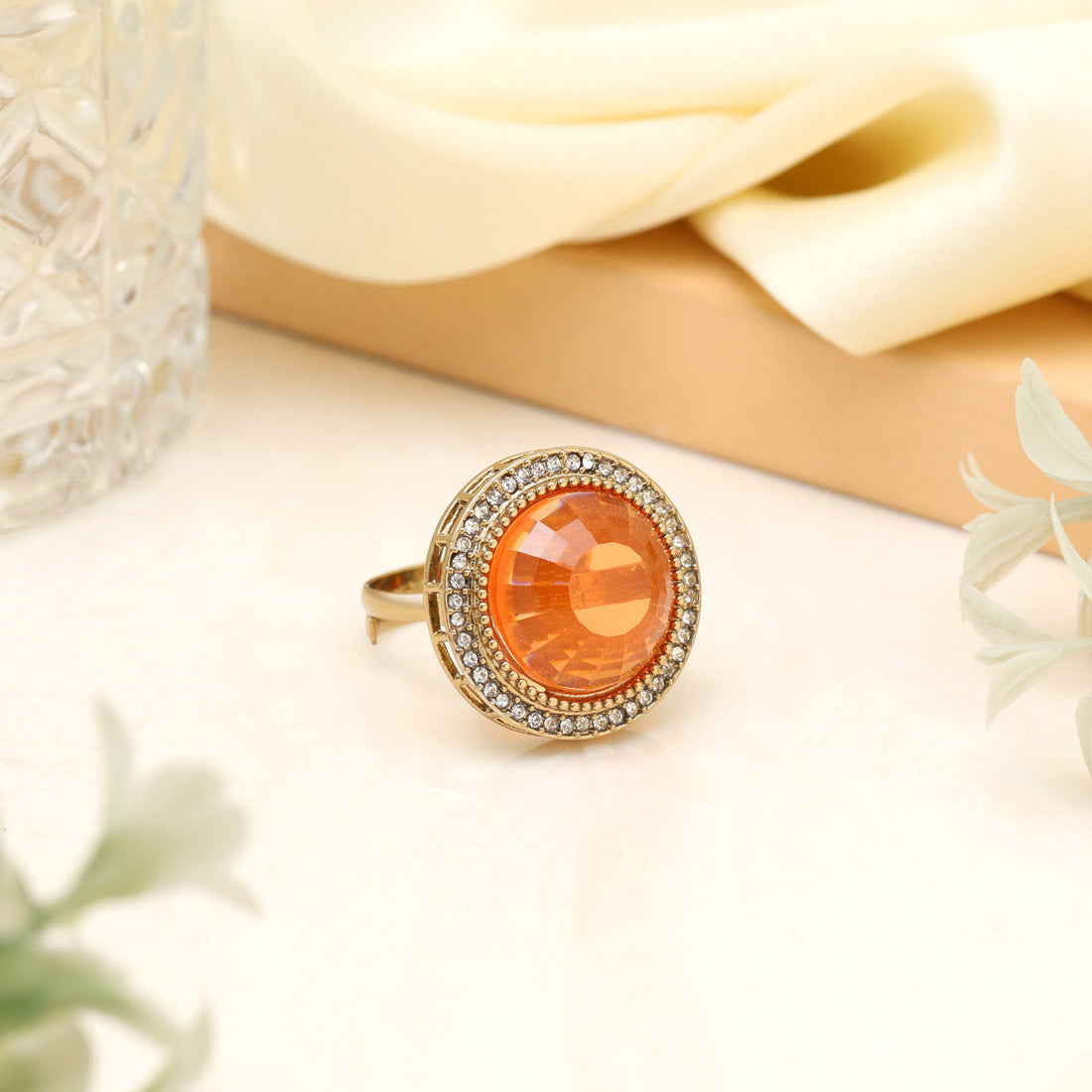 Vibrant Orange Color Kundan Ring For Women Jewellery GetGlit