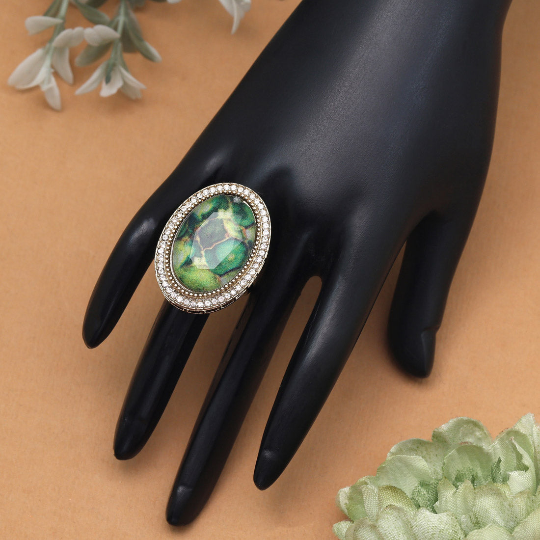 Nature-Inspired Green Color Kundan Ring For Women Jewellery GetGlit