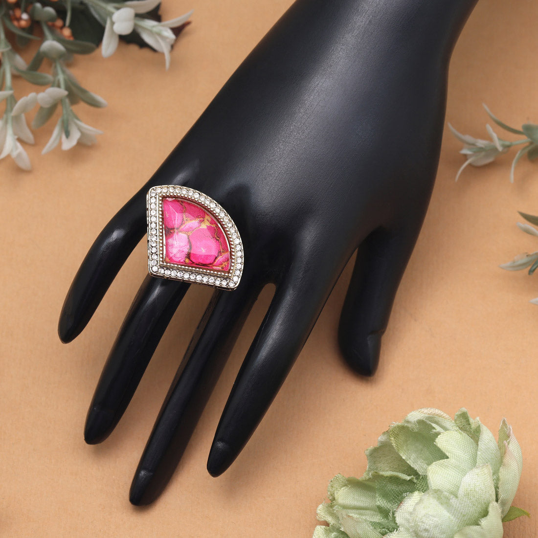 Peachy Pink Color Kundan Ring For Women Jewellery GetGlit