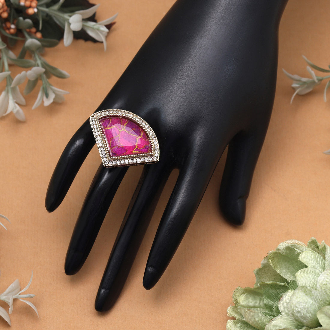 Traditional Rani Color Kundan Ring For Women Jewellery GetGlit