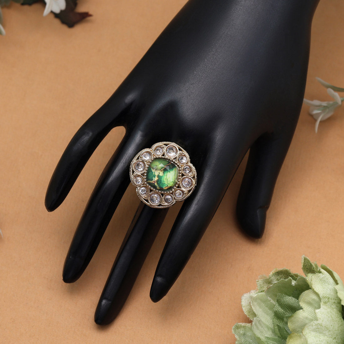 Leafy Green Color Kundan Ring For Women Jewellery GetGlit