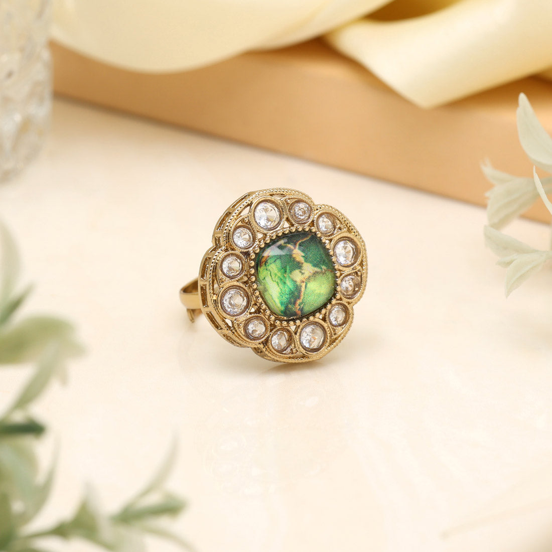 Leafy Green Color Kundan Ring For Women Jewellery GetGlit