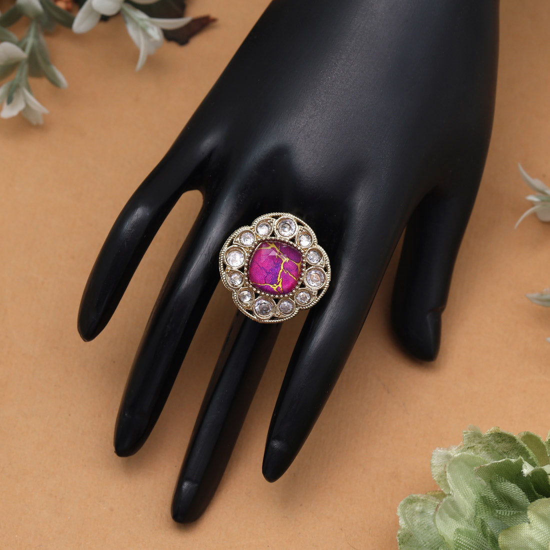 Glamorous Magenta Color Kundan Ring For Women Jewellery GetGlit