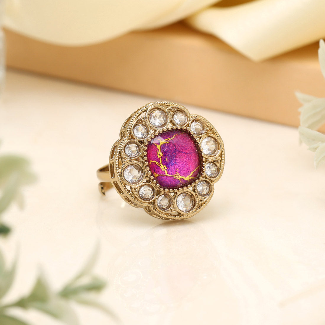Glamorous Magenta Color Kundan Ring For Women Jewellery GetGlit