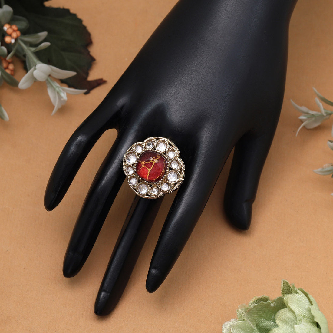 Cherry Red Color Kundan Ring For Women Jewellery GetGlit