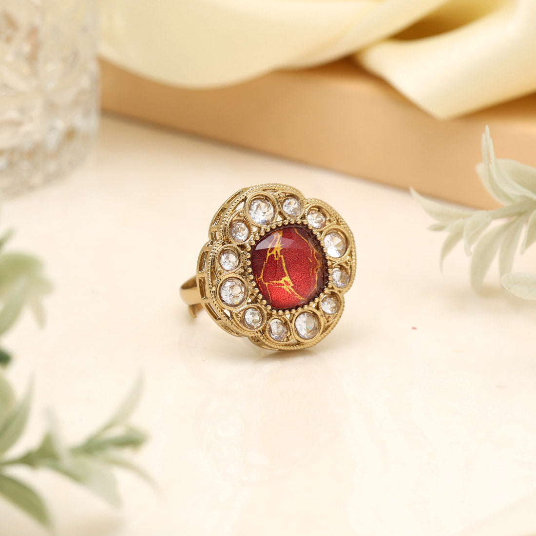 Cherry Red Color Kundan Ring For Women Jewellery GetGlit