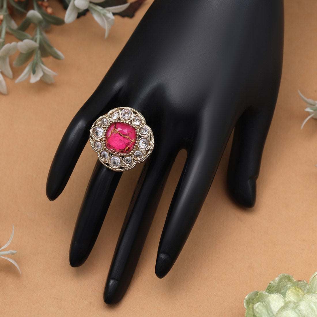 Festive Rani Color Kundan Ring For Women Jewellery GetGlit