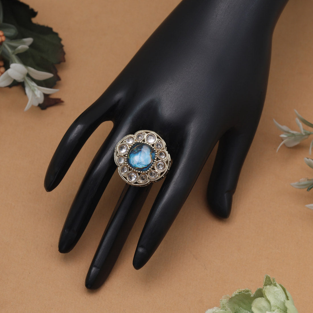 Bright Turquoise Blue Color Kundan Ring For Women Jewellery GetGlit