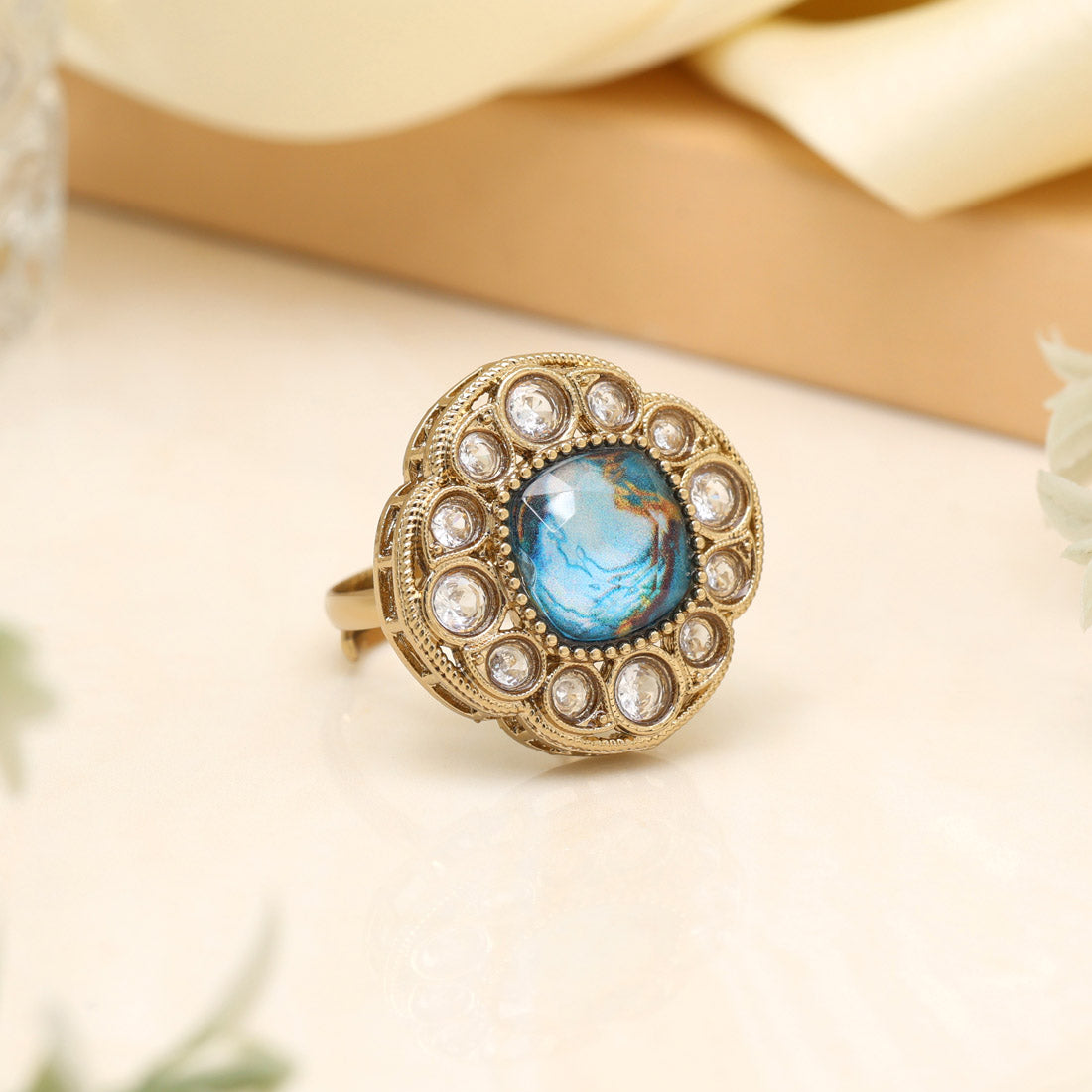 Bright Turquoise Blue Color Kundan Ring For Women Jewellery GetGlit