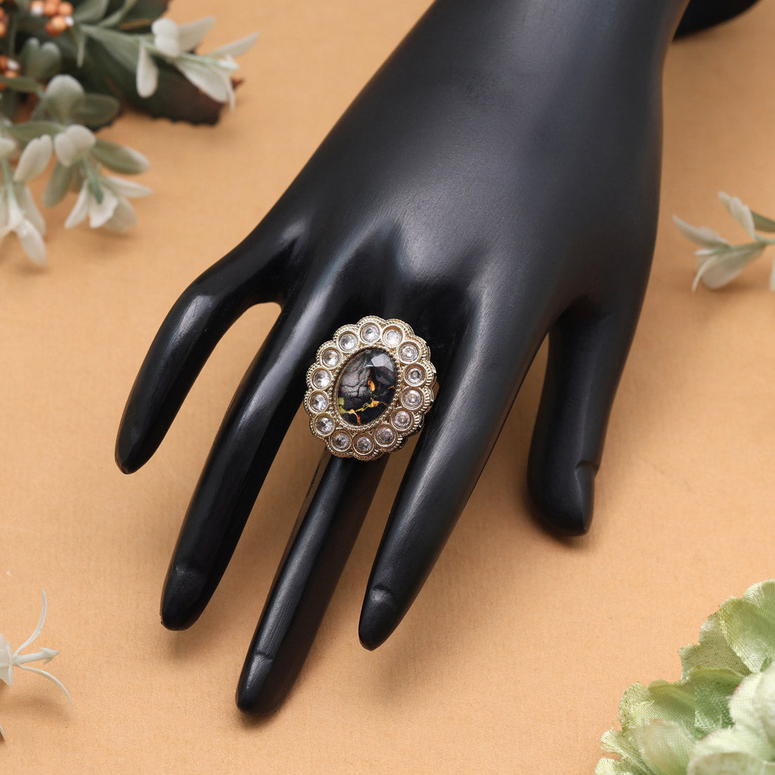 Glossy Black Color Kundan Ring For Women Jewellery GetGlit