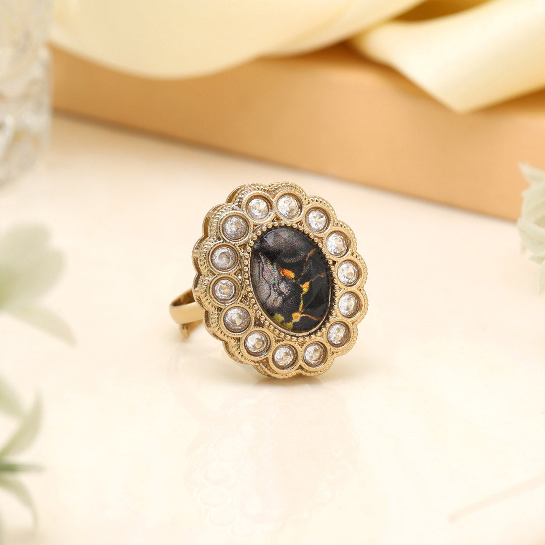 Glossy Black Color Kundan Ring For Women Jewellery GetGlit