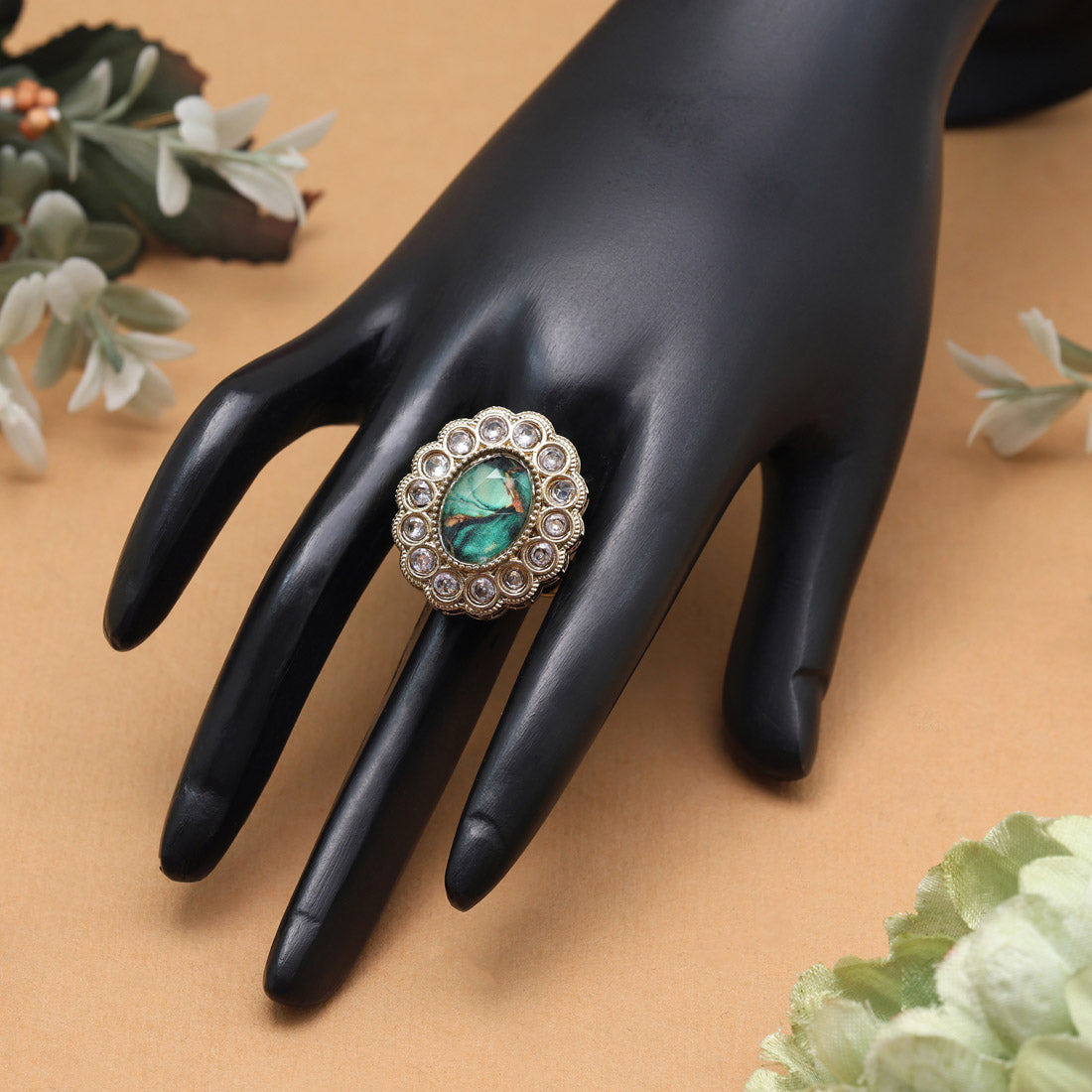 Earthy Green Color Kundan Ring For Women Jewellery GetGlit