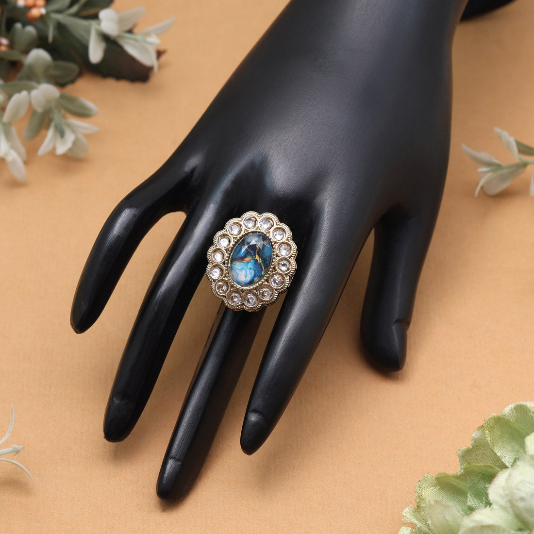 Bold Turquoise Blue Color Kundan Ring For Women Jewellery GetGlit