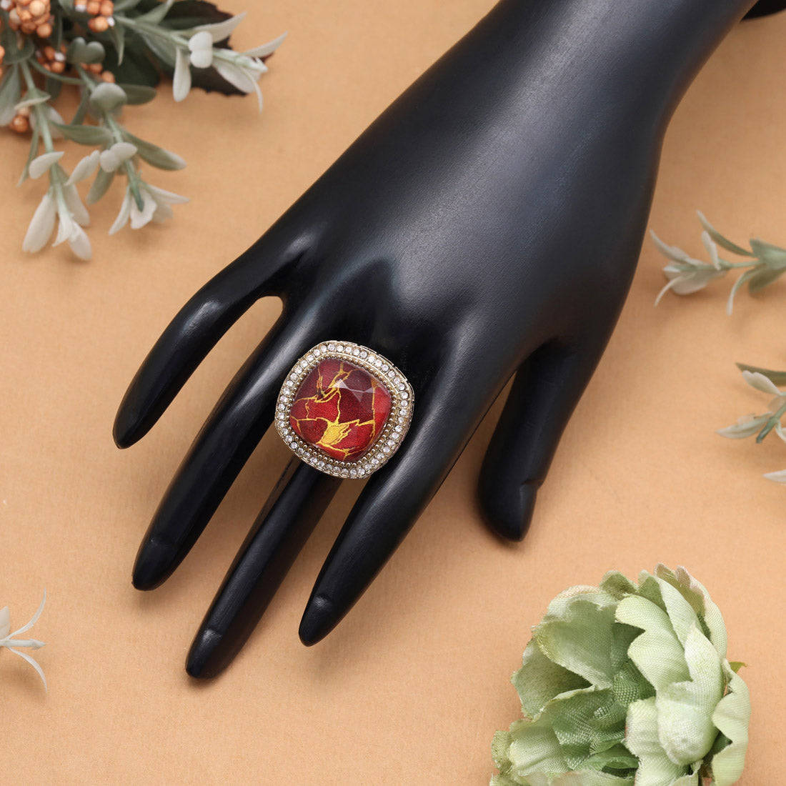 Crimson Red Color Kundan Ring For Women Jewellery GetGlit