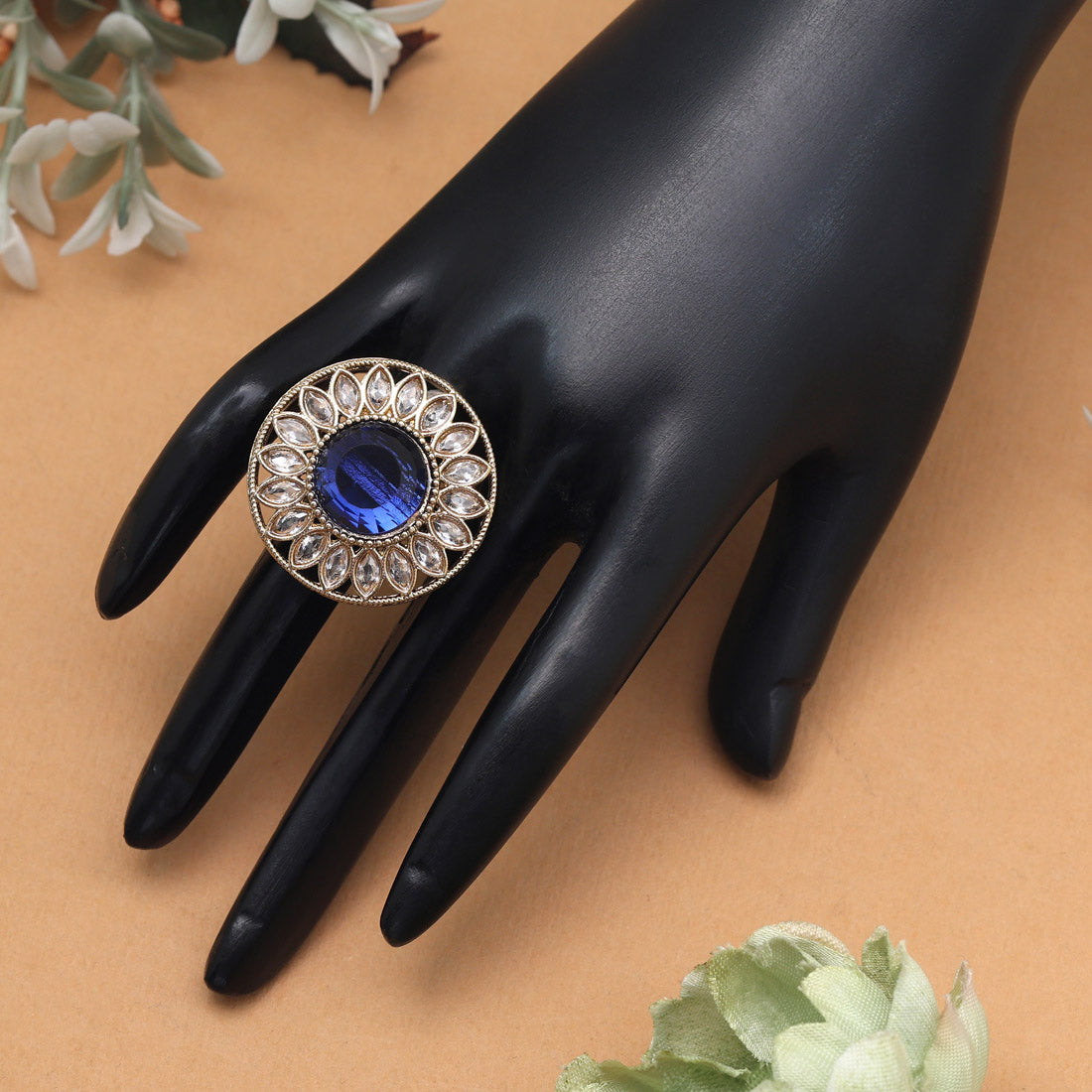 Deep Blue Color Kundan Ring For Women Jewellery GetGlit