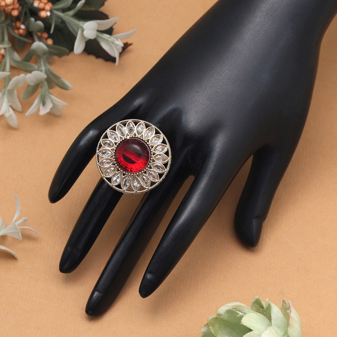 Rich Maroon Color Kundan Ring For Women Jewellery GetGlit