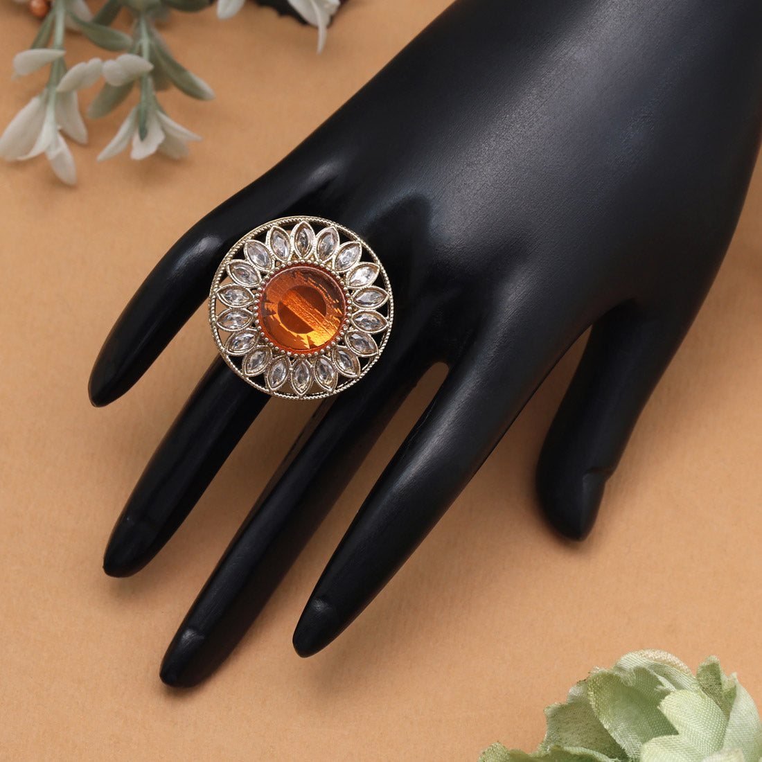 Bright Orange Color Kundan Ring For Women Jewellery GetGlit