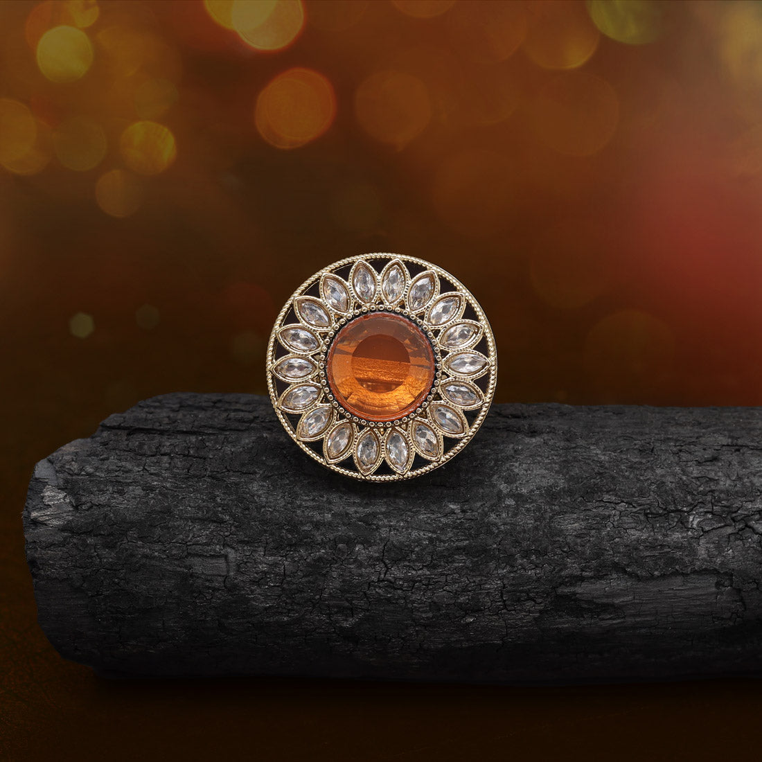 Bright Orange Color Kundan Ring For Women Jewellery GetGlit