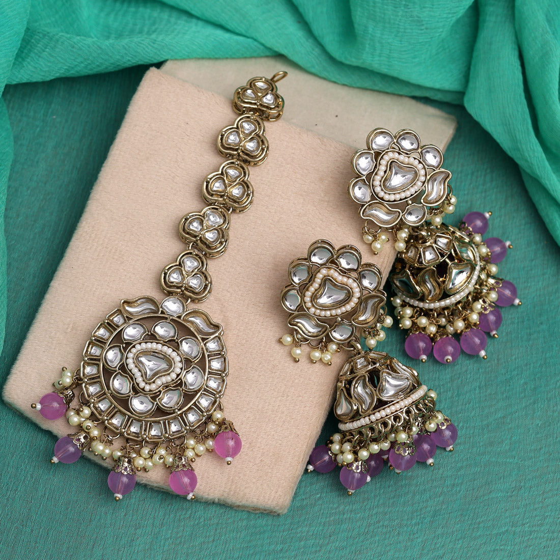 Light Purple Color Kundan Earrings With Maang Tikka Jewellery GetGlit