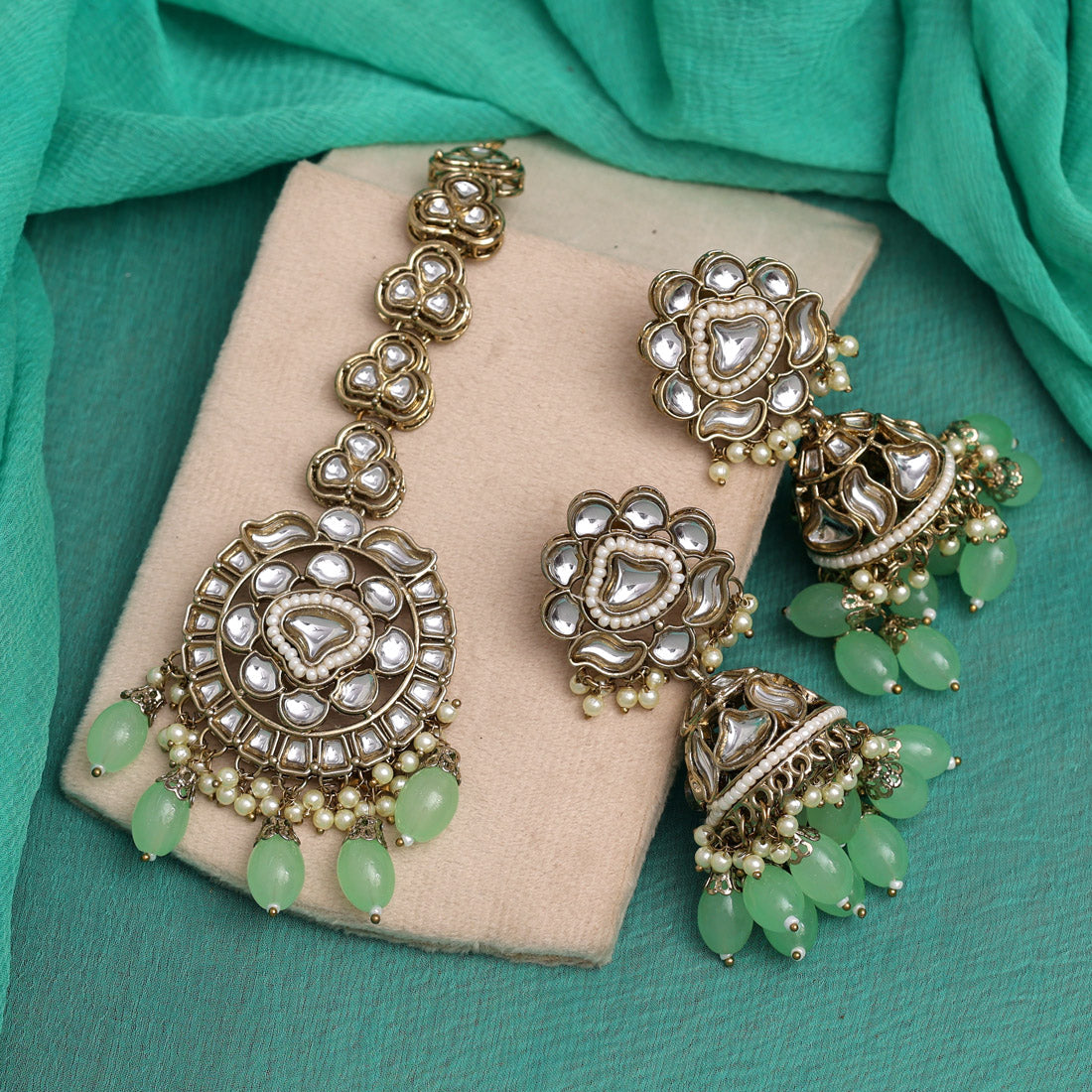 Pink & Pista Green Color Kundan Earrings With Maang Tikka Jewellery GlitStudio