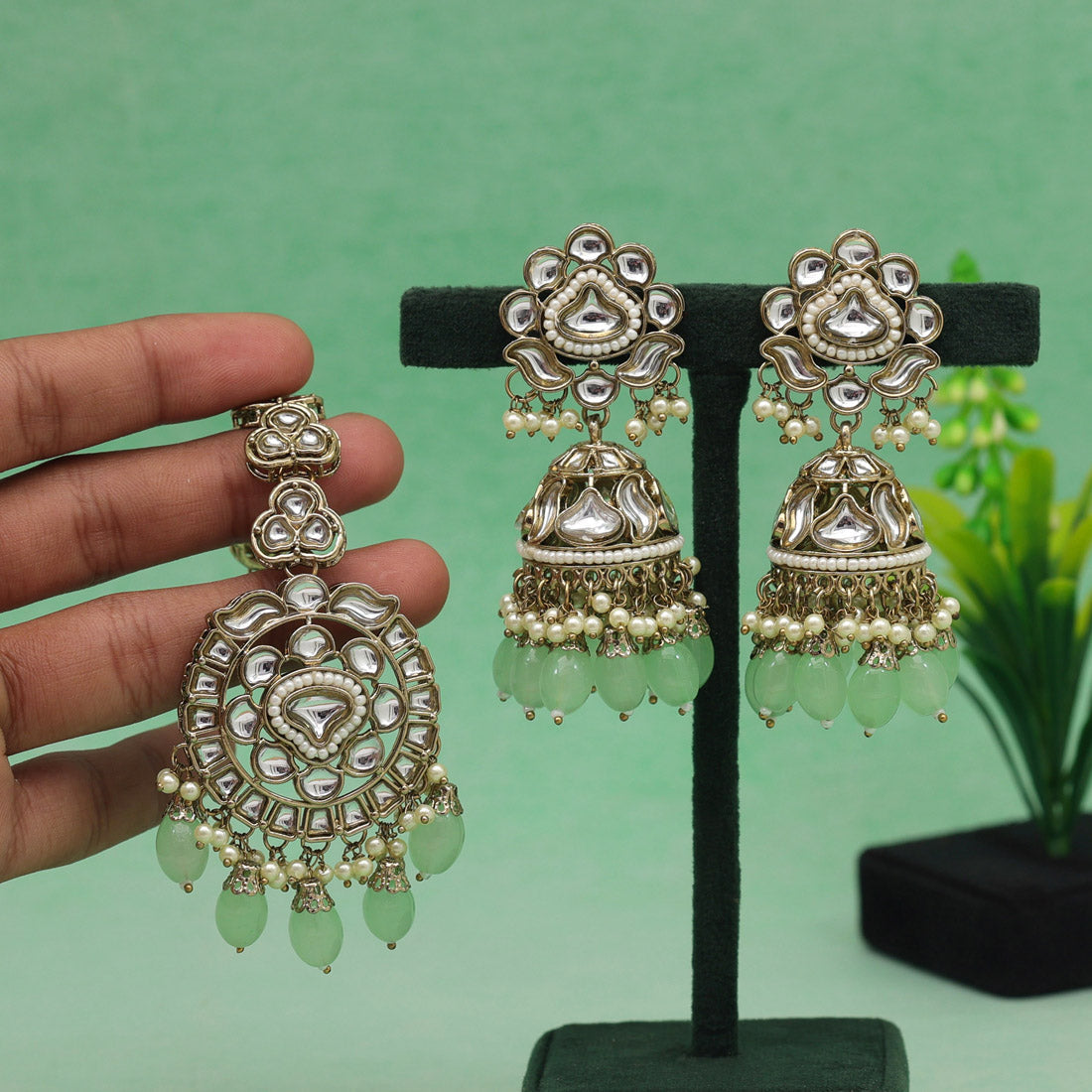 Pink & Pista Green Color Kundan Earrings With Maang Tikka Jewellery GlitStudio